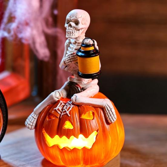 Halloween Pumpkin Skeleton Figurine, LED Light-Up Decorative Pumpkin Lantern, Spooky Holiday Decoration for Halloween Parties & Ghost Festivals