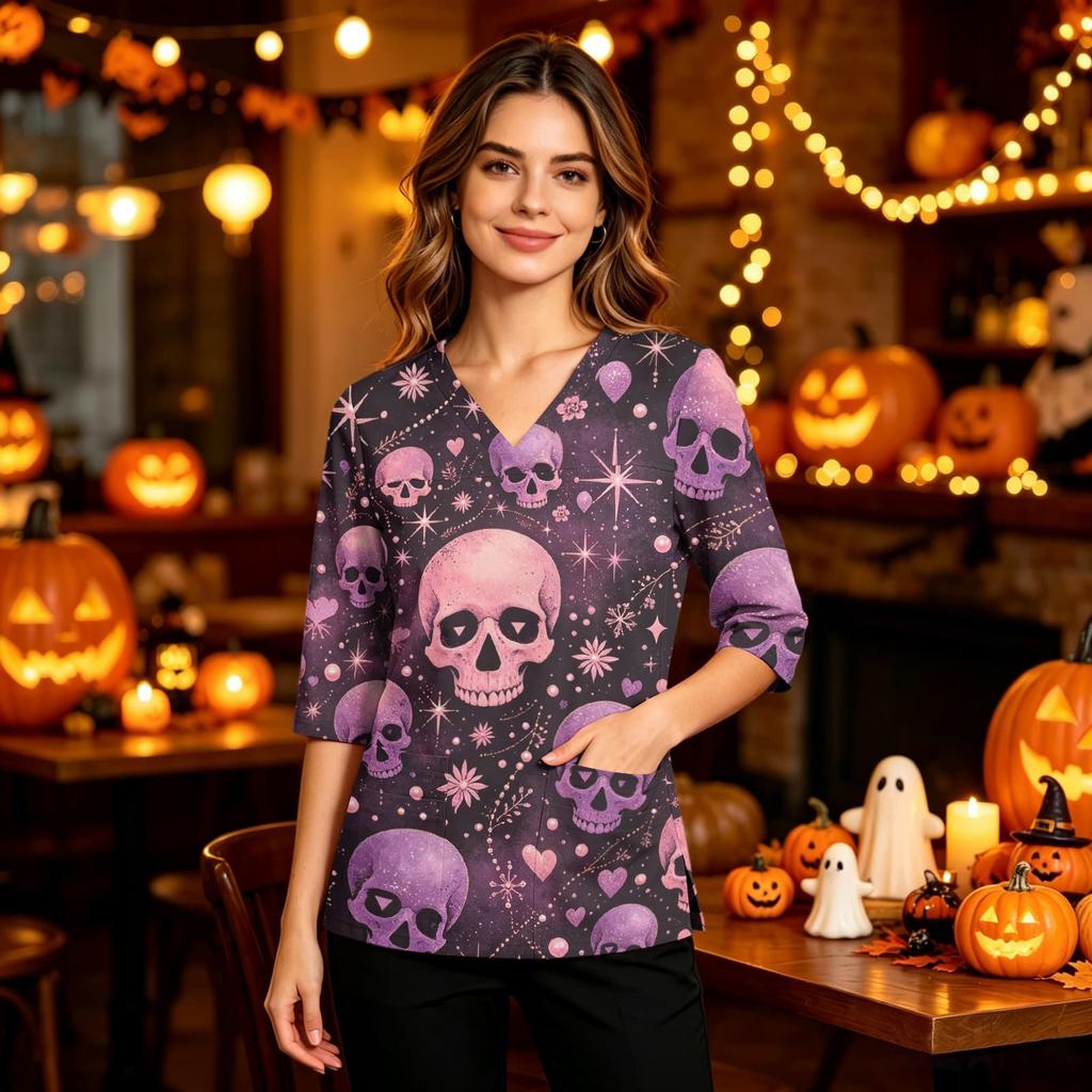 Women's Casual Uniform Top, V-Neck Halloween Print with Pockets and Side Slit, 3/4 Sleeve