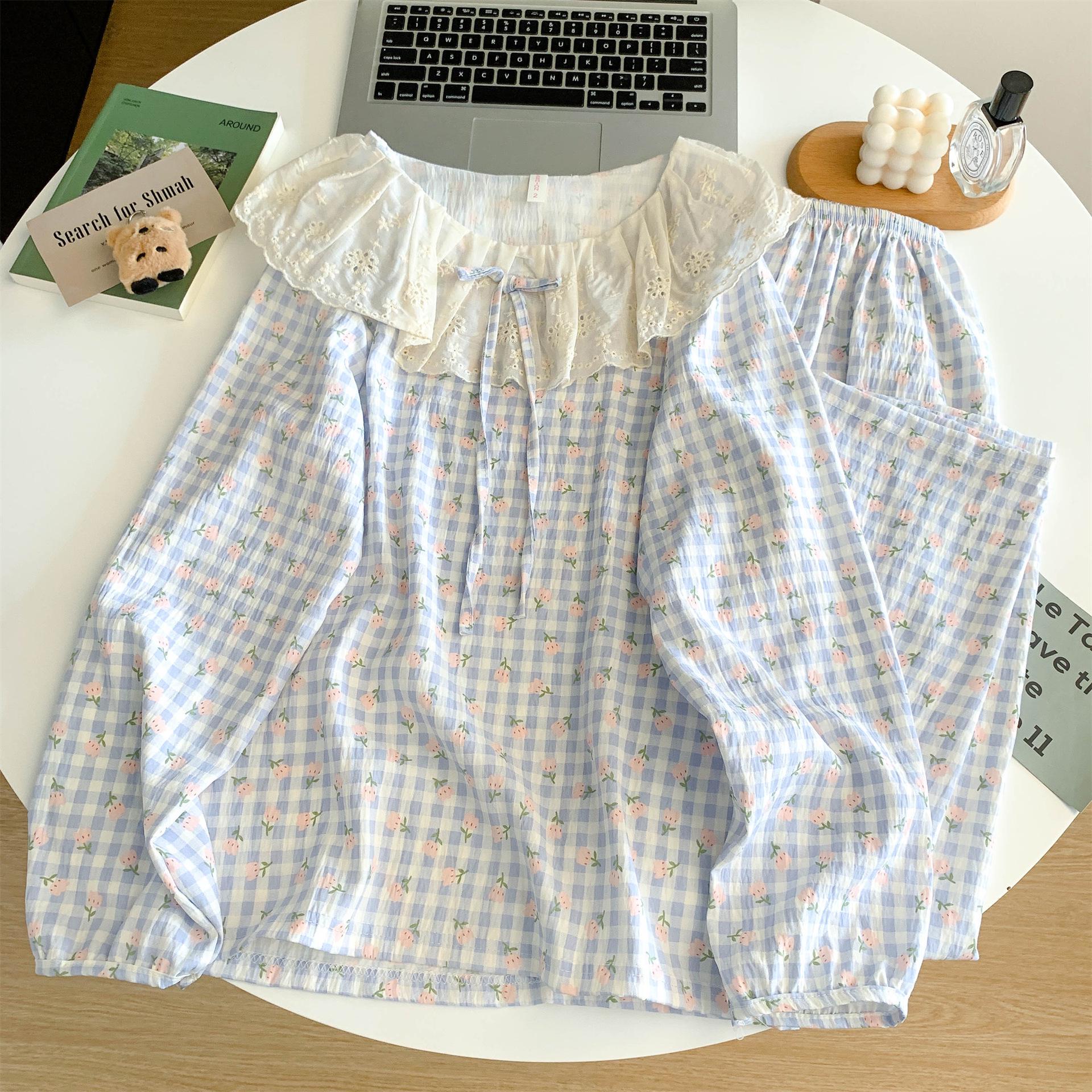 

Комплект женской пижамы в корейском стиле со сладкой кружевной отделкой - Весна/Осень XL