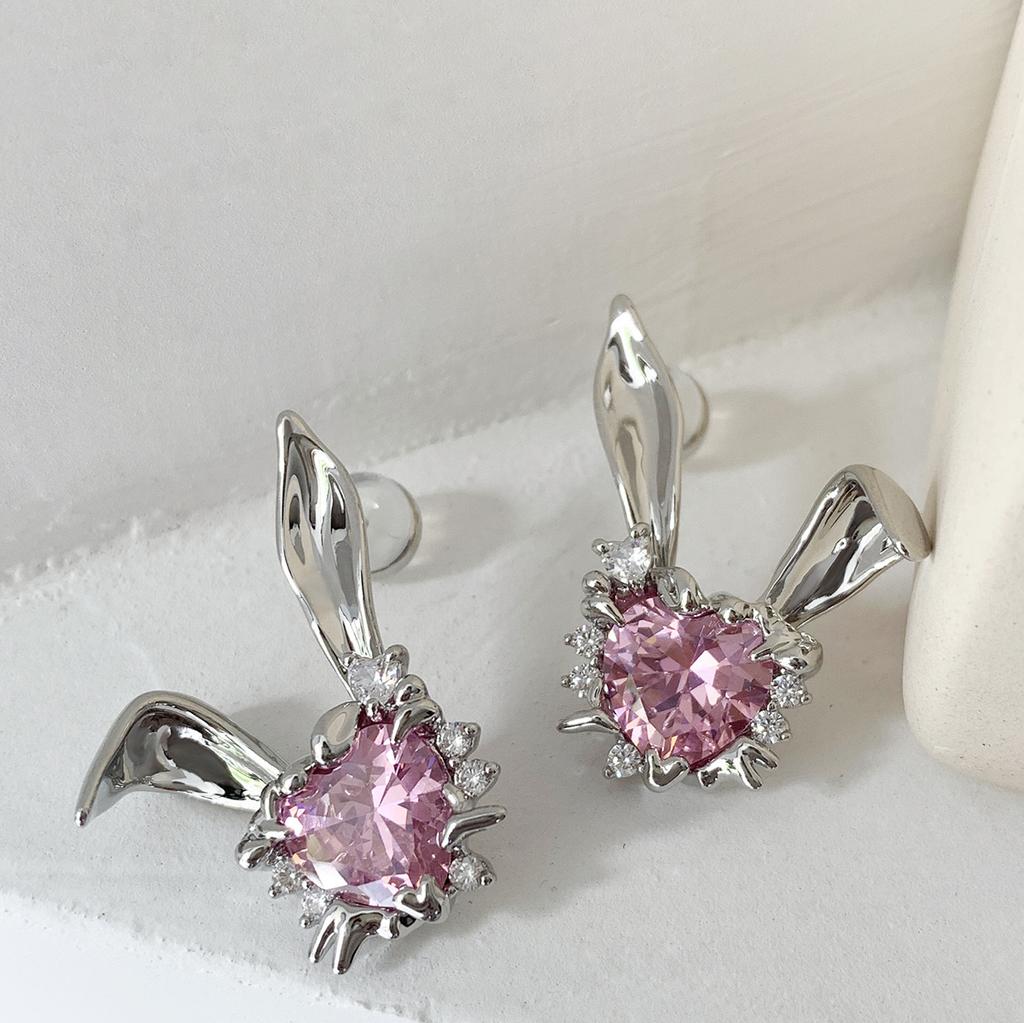 Alice Verspielte Hasenohren Liebe Edelsteinohrringe Ohren faltbar Hasenpuder Herzring Süß Kühl Rosa Diamant Süßes Hasenohrring Halskette für Frauen