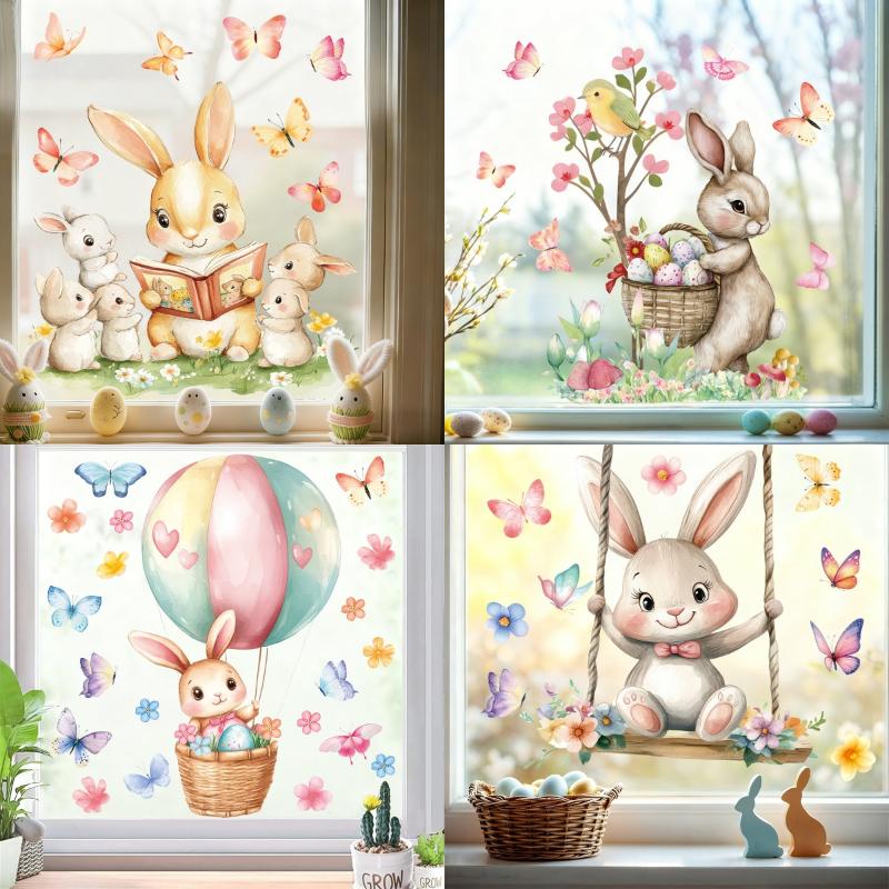 1 Sheet Cute Rabbit Colorful Egg Stickers Easter Electrostatic Patch Glass Window Decals Children'S Room Decoration