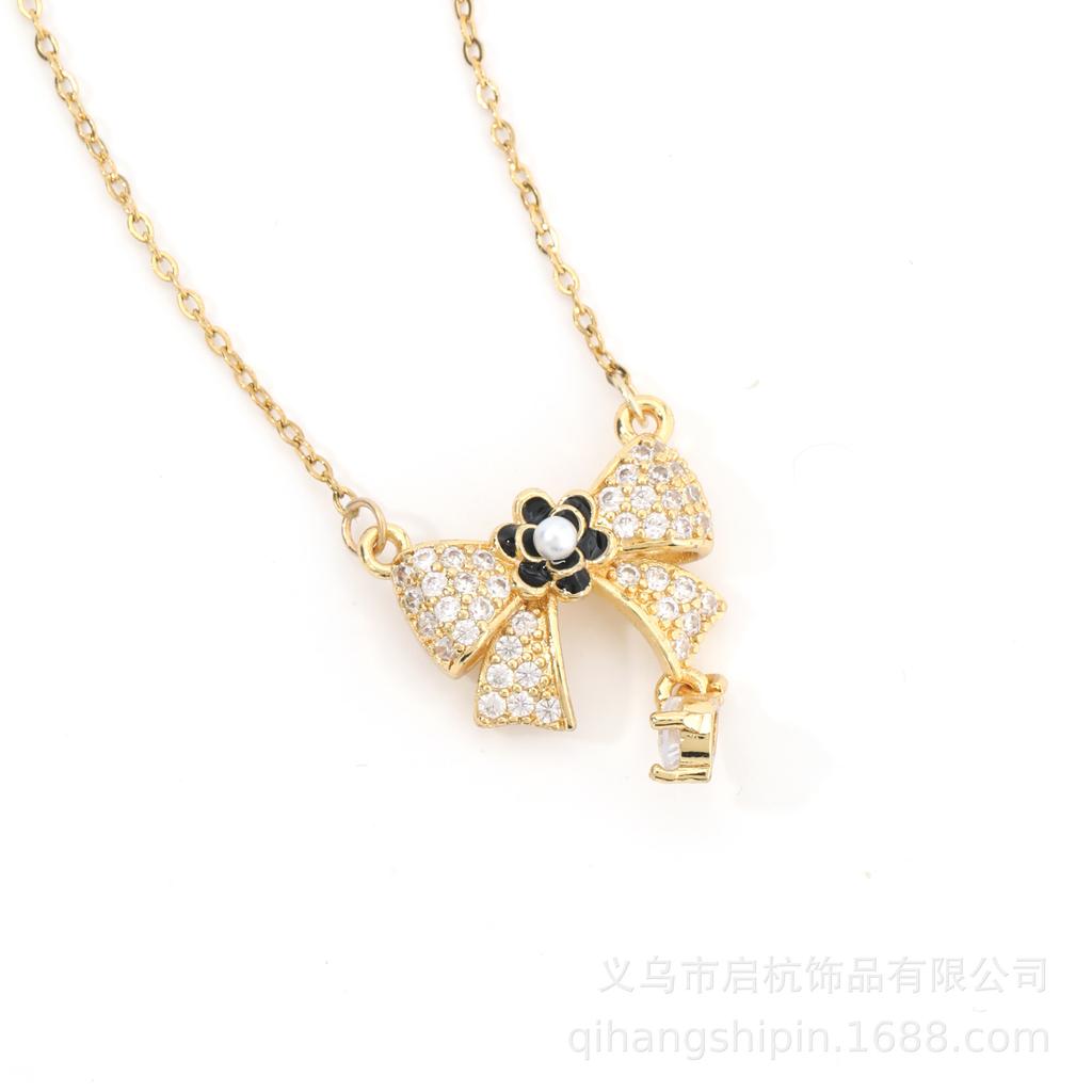 Titanium Steel Light Luxury Bow Necklace Women'S High-End Versatile Temperament Zircon Pendant Same Jewelry