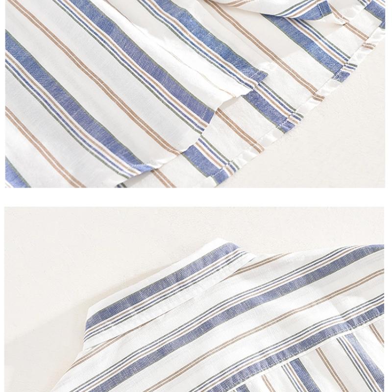 Spring and Summer Cotton Linen Men Tops Japanese Style Square Stripes Long Sleeve Shirt Youth Breathable Shirts for Men