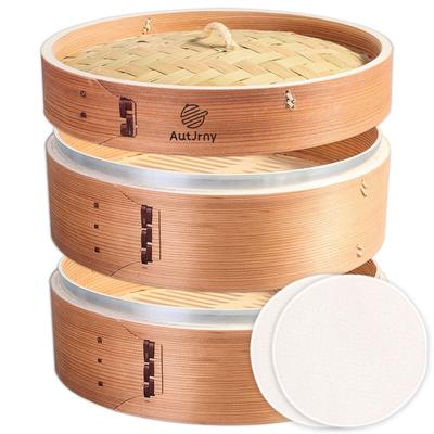 Cedrový parní hrnec 2 čínský vyztužený nerezovou ocelí Obsahuje 2 listy pro bavlnu Přírodní přírodní napařená sada Xiaolongbao, 21 cm, patra, napařovací hrnec,