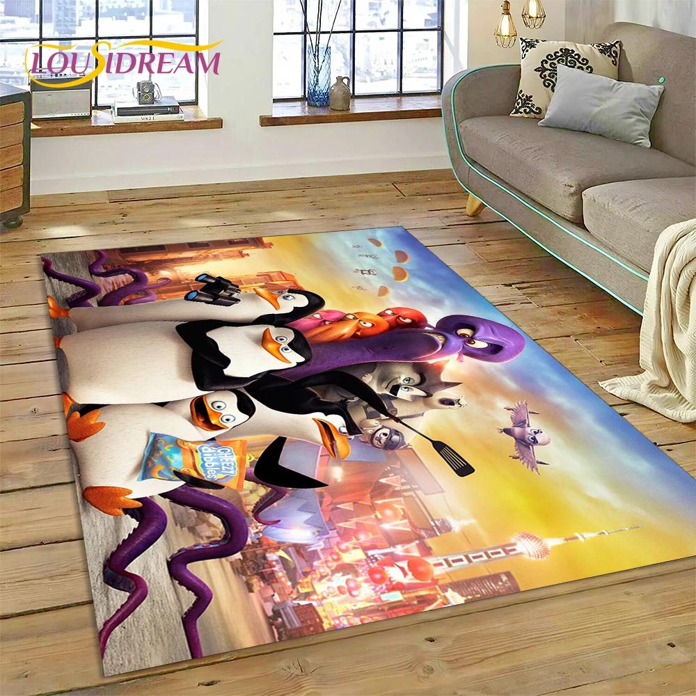 Roztomilý kreslený koberec s tučňáky z Madagaskaru pro obývací pokoj, ložnici, domácí dekoraci pohovky, koberec do dětského pokoje, protiskluzová podložka na podlahu, dárek