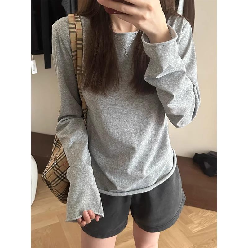 New white solid color summer thin slim round neck long sleeve t-shirt women's waist slim slim long top