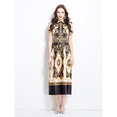 Summer Women Vintage Palace Print Designer Runway Dress Sleeveless Turn-down Collar Shirt Long Maxi Party Tank Pleated Dresses