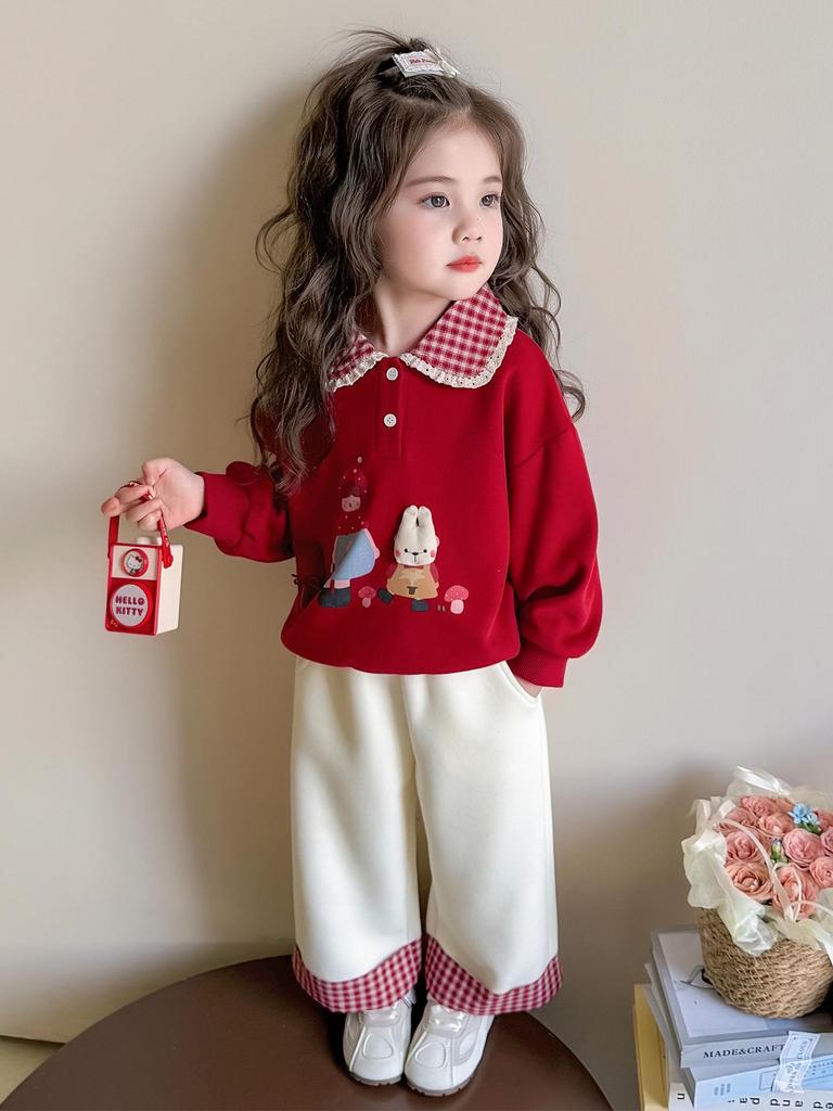 Girls' Cartoon Two-Piece Sweatshirt Set - 2025 Spring/Autumn Fashion, Fake Layered Style Casual Outfit