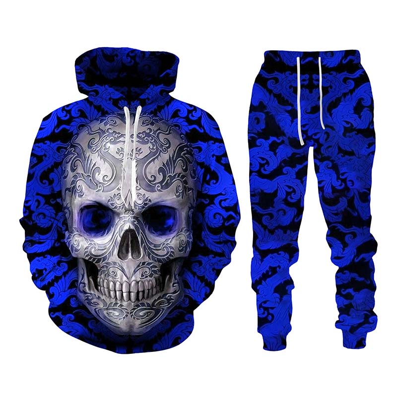 Vintage Gothic Skull Pattern 3D Print Men Tracksuit Sets Casual Hoodie+Pants 2pcs Sets Oversized Sweatshirt Trend Men Clothing