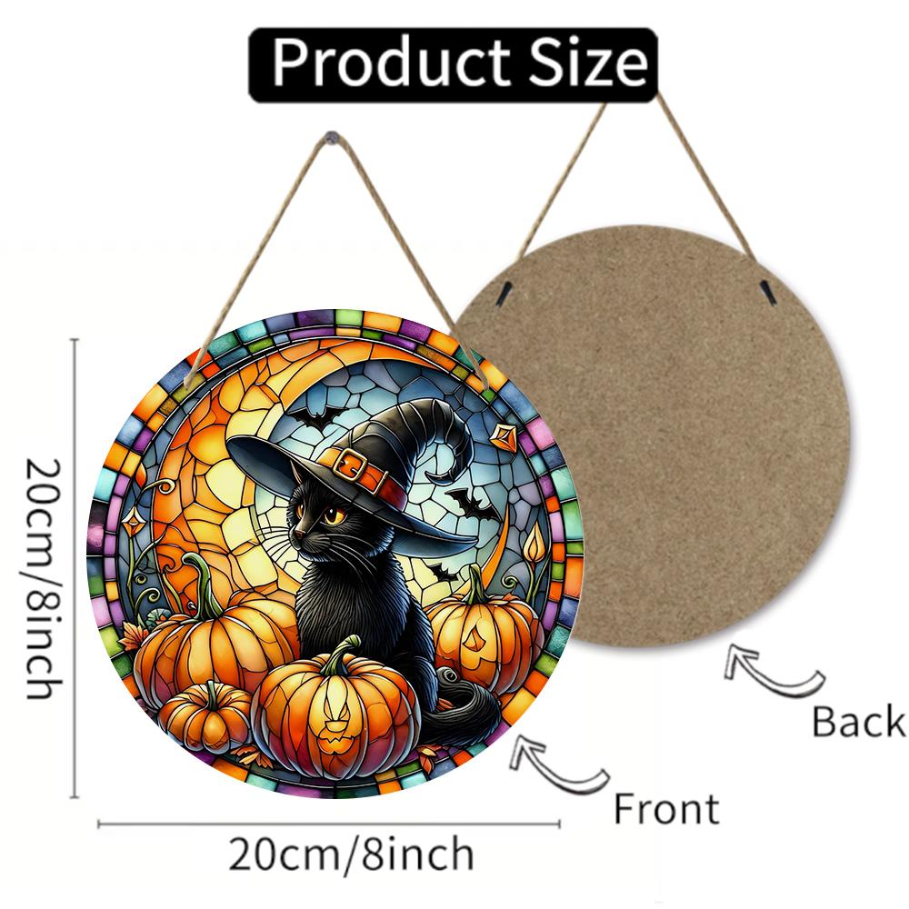 Stained glass style black cat pumpkin round wooden hanging plaque artistic wall art sign spooky autumn home holiday decoration door ornament