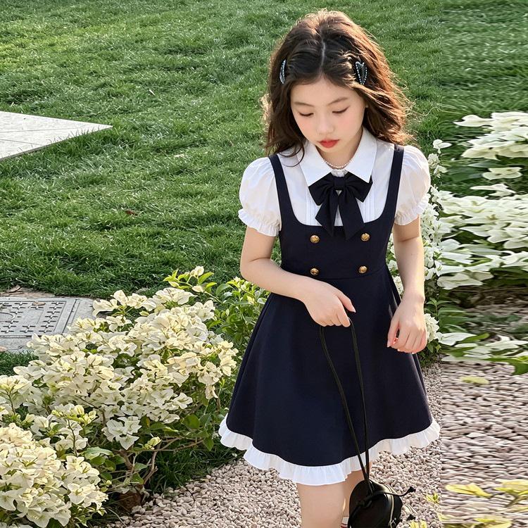 Elegante Vestito Estivo da Bambina con Fiocco e Gonna a Camicia a Maniche Corte