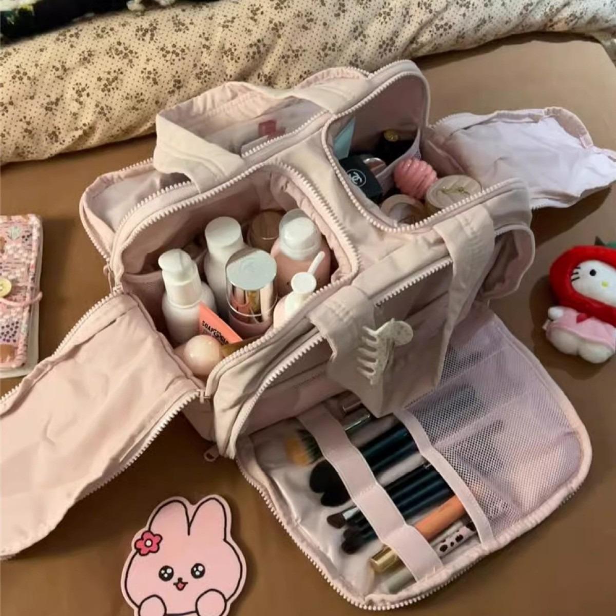 Large Capacity Double Wide Opening Fluffy Cosmetic Bag for Women Portable Travel Toiletry Organizer розовый