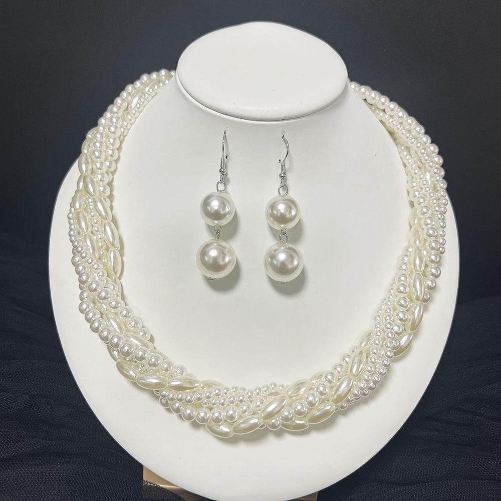 European and American Retro Multi-layer Beaded Pearl Necklace Earrings Set Fashion Temperament High-end French Light Luxury Neck Chain