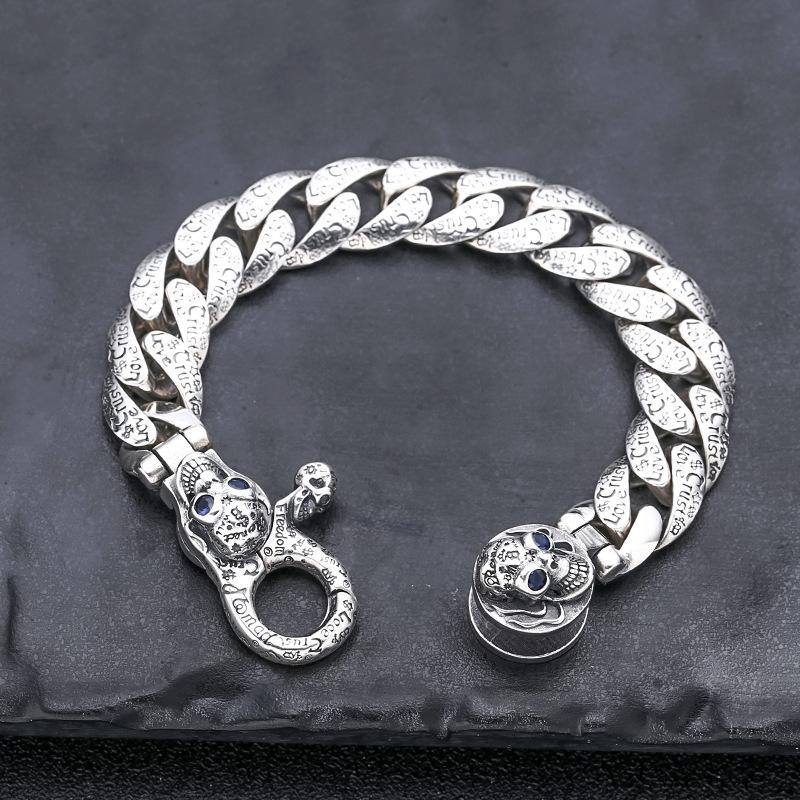 Thick Men's Trendy Punk S925 Sterling Silver Bracelets Retro Graffiti Skull Pattern Cuban Link Chain Bangle Jewelry