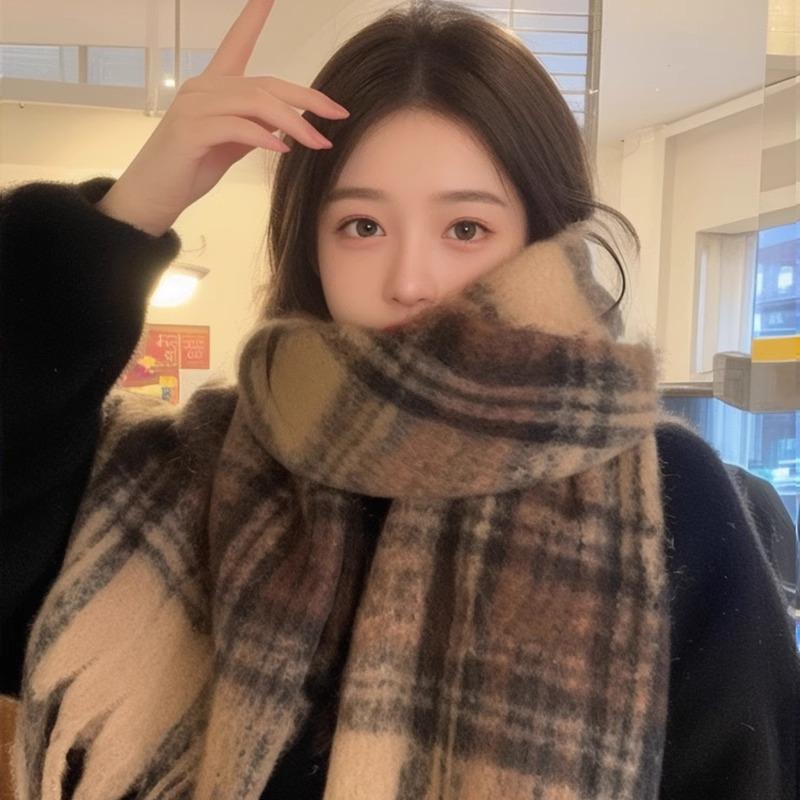 Yu Shuxin Warm Camelade Plaid Scarf Women's Autumn and Winter Retro Versatile Thickened Warm Shawl Scarf