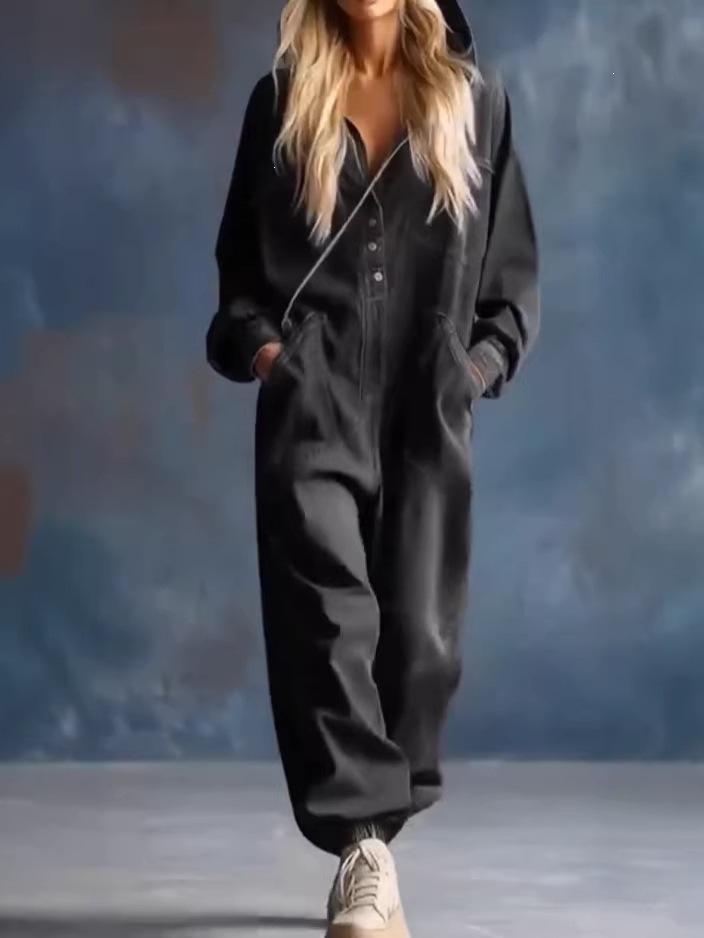 Női utcai laza hosszú elegáns egysoros farmer overall hosszú ujjú egyszínű kapucnis romper