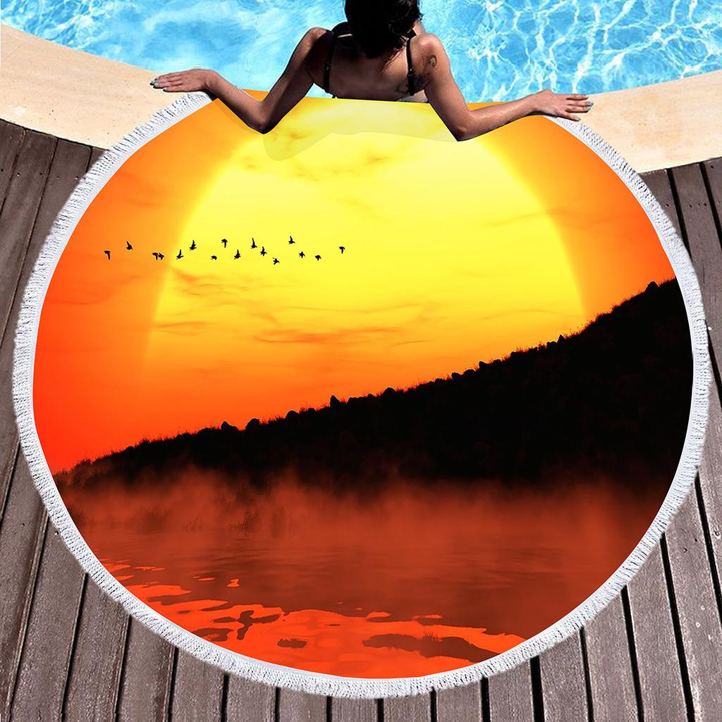 Sunset Landscape Round Beach Towel, Microfiber Beach Seawater Beach Blanket Lightweight Absorbent Circle Swim Towel with Tassels