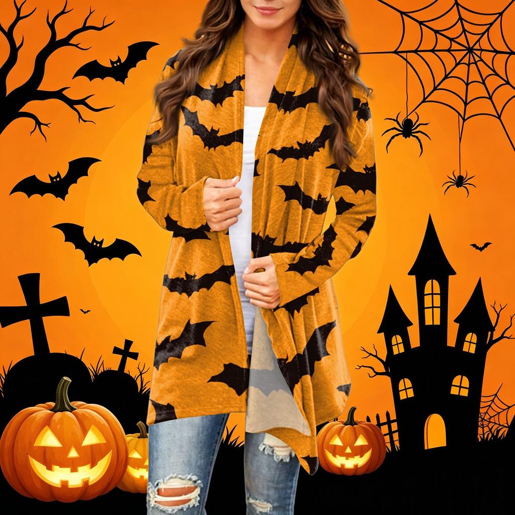 Women's Casual Halloween Print Mid-Length Cardigan Coat