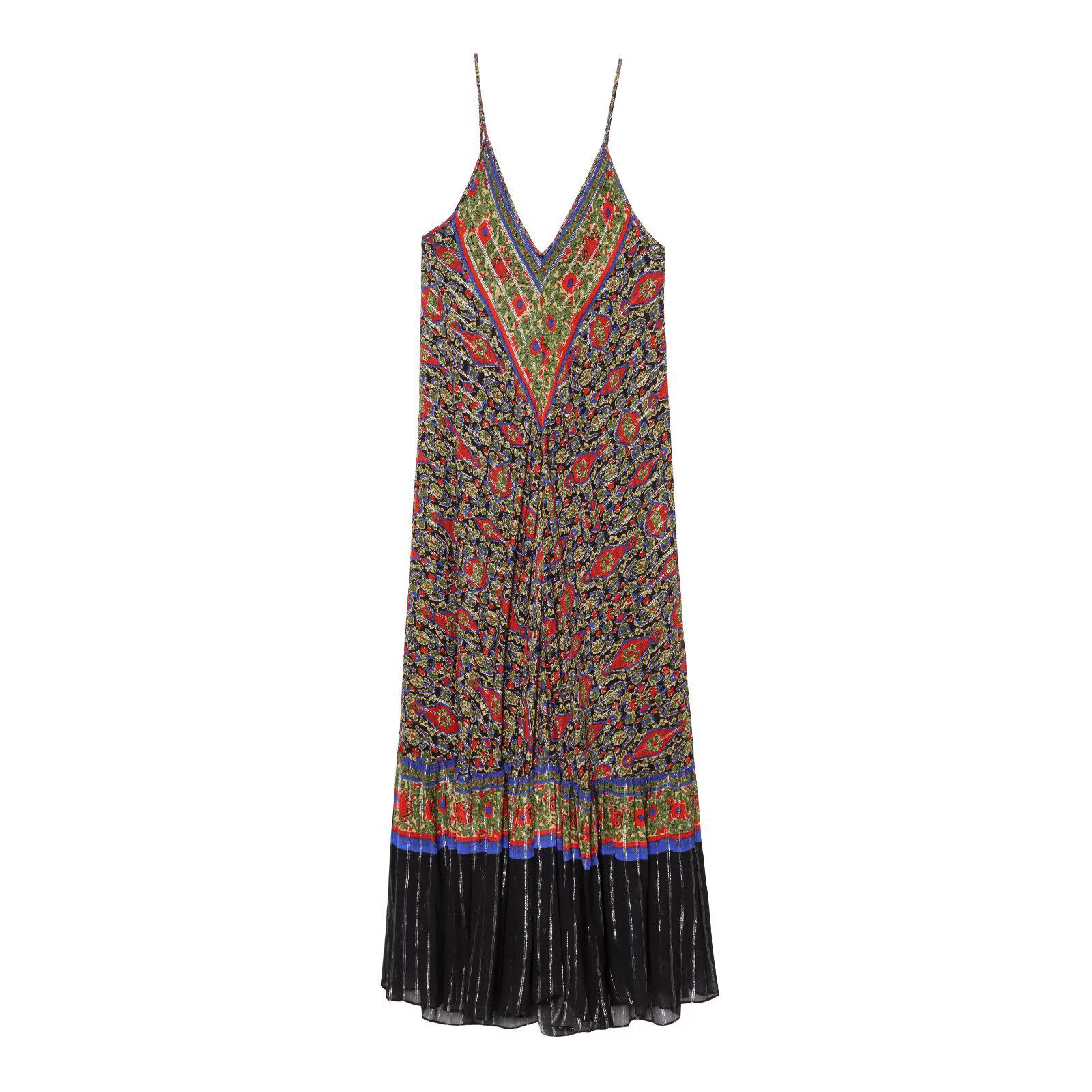 

2025 Summer Retro Print V-neck Spaghetti Strap Midi Dress for Women XS