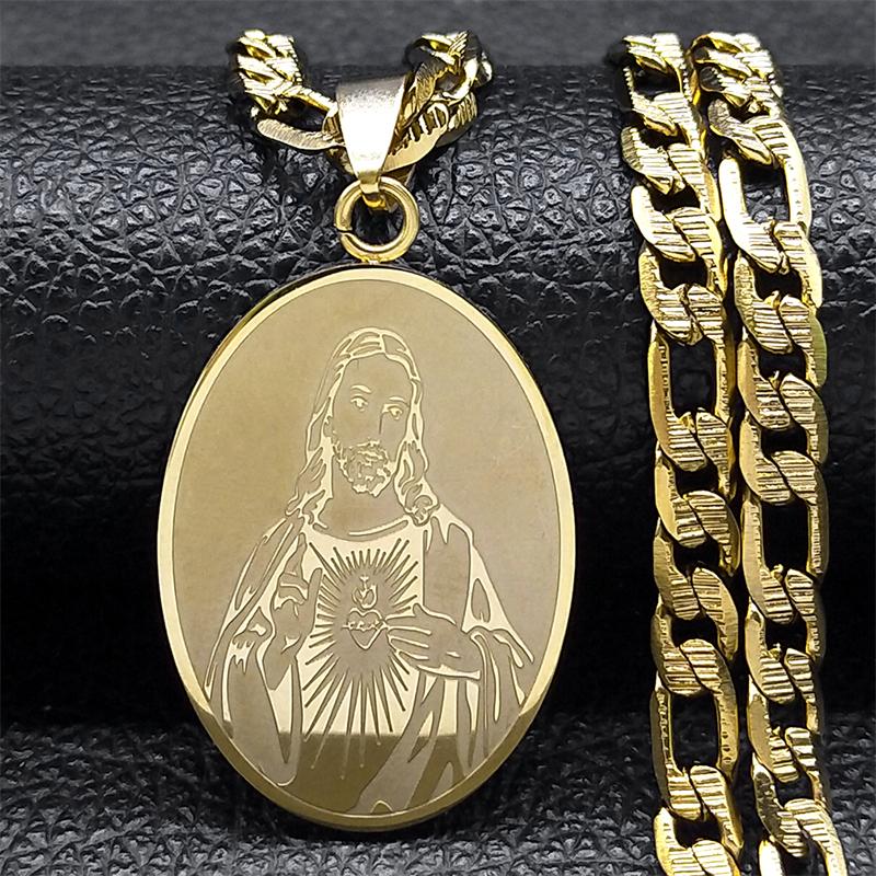 Christian Jesus Sacred Heart Medal Necklace for Men Women Stainless Steel Gold Plated Religious Necklace Jewelry Gift NZZZ141S05