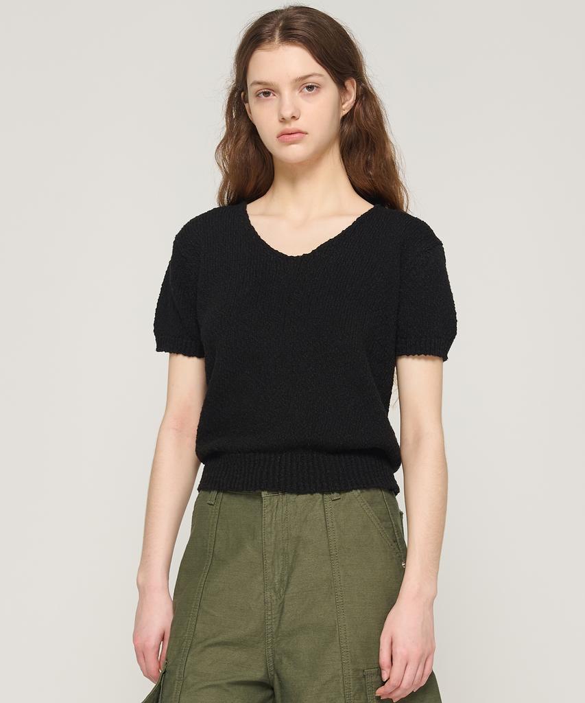 CARGOBROS FOR WOMAN Boucle V-Neck Short Sleeve Knit (Black)
