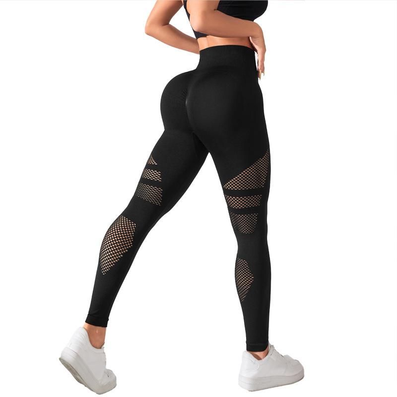 Seamless High Waisted Hollowed Out Hip Lifting Pants Yoga Peach Buttocks Women'S Quick Drying Elastic Sports Tight Mesh Fitness Pants Women
