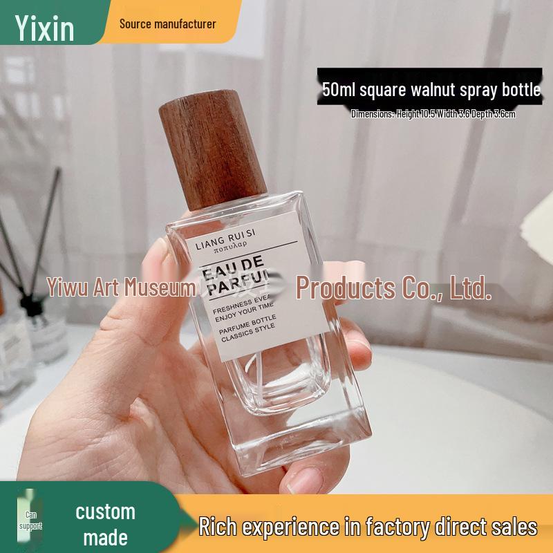 High-End Portable Glass Perfume Spray Bottle with Wooden Lid, 30ml & 50ml Capacity. 30ml Long Square Beech