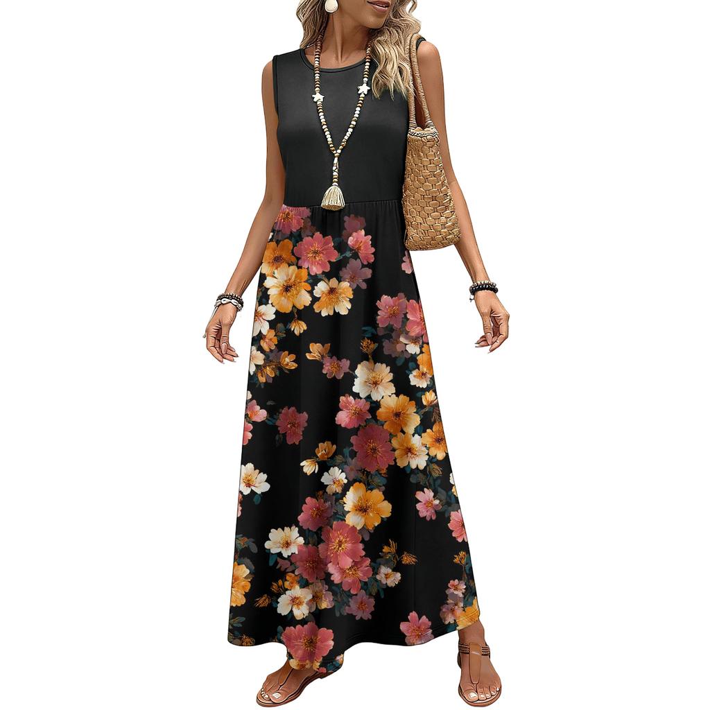 Women Sleeveless Floral Print Casual Waist Dress Crew Neck Maxi Dress Lightweight Soft Fabric for Everyday Wear