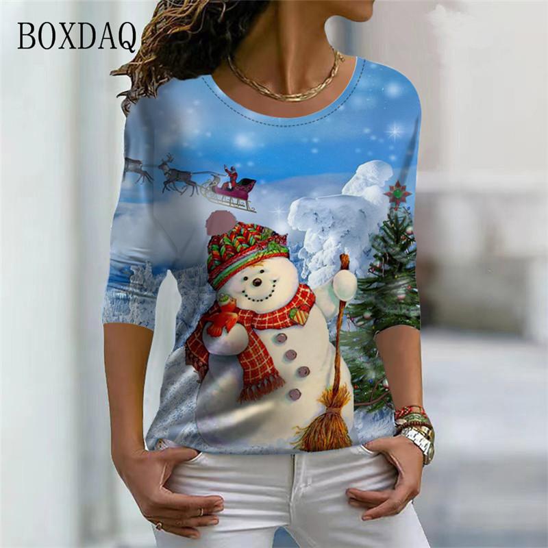 Santa Claus And Snowman Pattern Women Streetwear T-shirts Autumn Winter Long Sleeve 3d Print Christmas Style Ladies Casual Tops