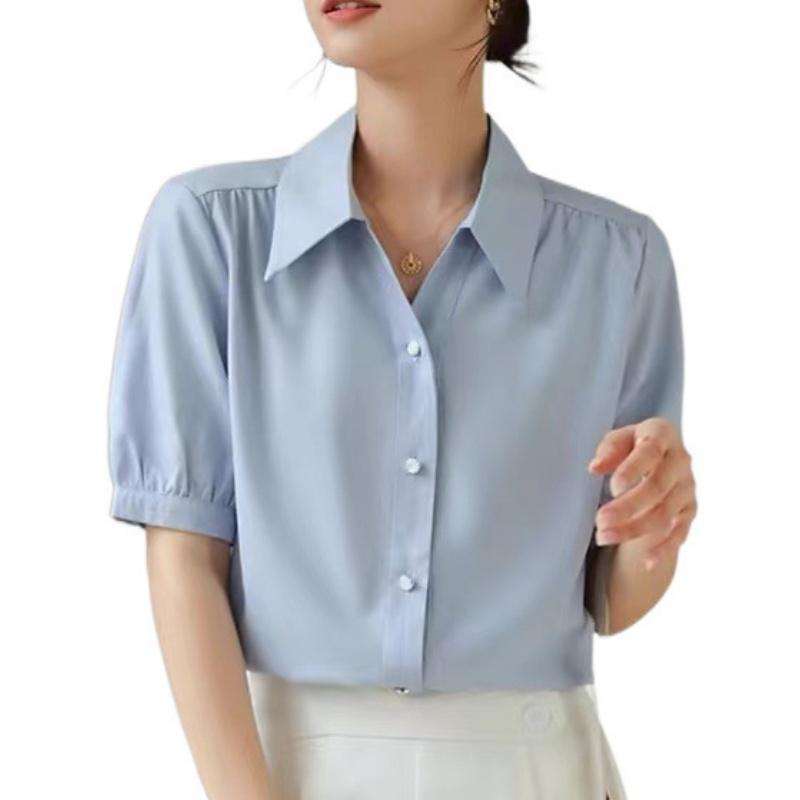 

Синяя рубашка с короткими рукавами, женская летняя рубашка с V-образным вырезом, профессиональный темперамент, формальное платье, свободный топ с рукавами-фонариками 2XL синий