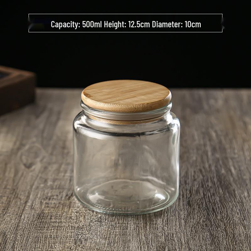 Large Glass Storage Jar with Striped Wooden Lid, Airtight & Food-Grade, Round Transparent Chinese Kitchen Collectible
