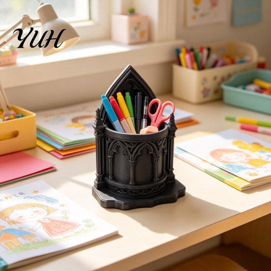Dark Academia Stationery Storage 3D Printed Gothic Cathedral Pen Holder, Vintage Church Pointed Arch Window Decor Castle Pencil Cup, Large Desktop