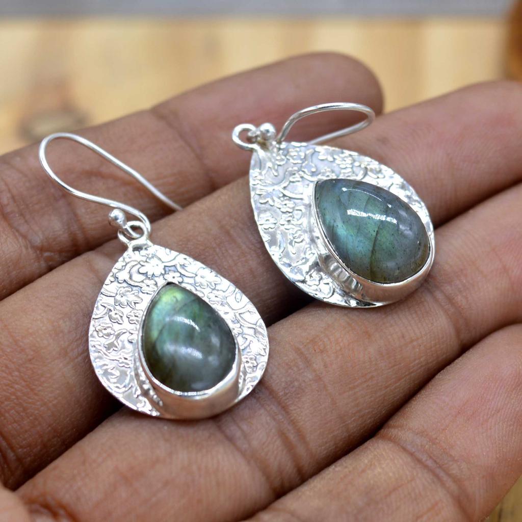 Labradorite 925 Silver Flower Texture Earrings, Pear Gemstone Handmade Earrings, Gift For Her