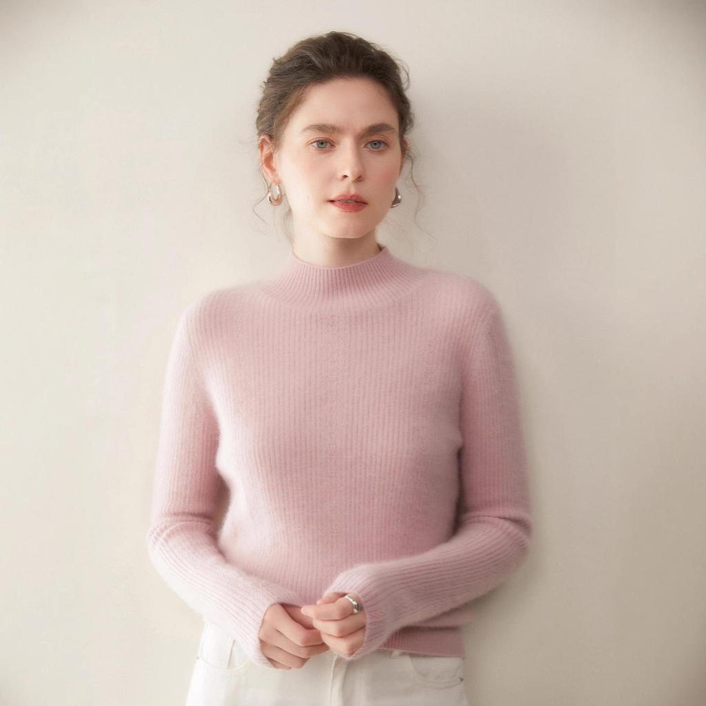 Damen Schlank Geschnittener Rippstrick Kaschmirpullover - Halber Rollkragen, Einfarbige, Perfekt für Herbst & Winter.