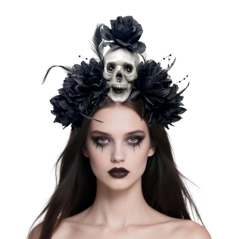 Halloween Party Skull Headpiece With Punk Flower Decors Comfortable Hairband For Adult Costume Event Gathering Headwear