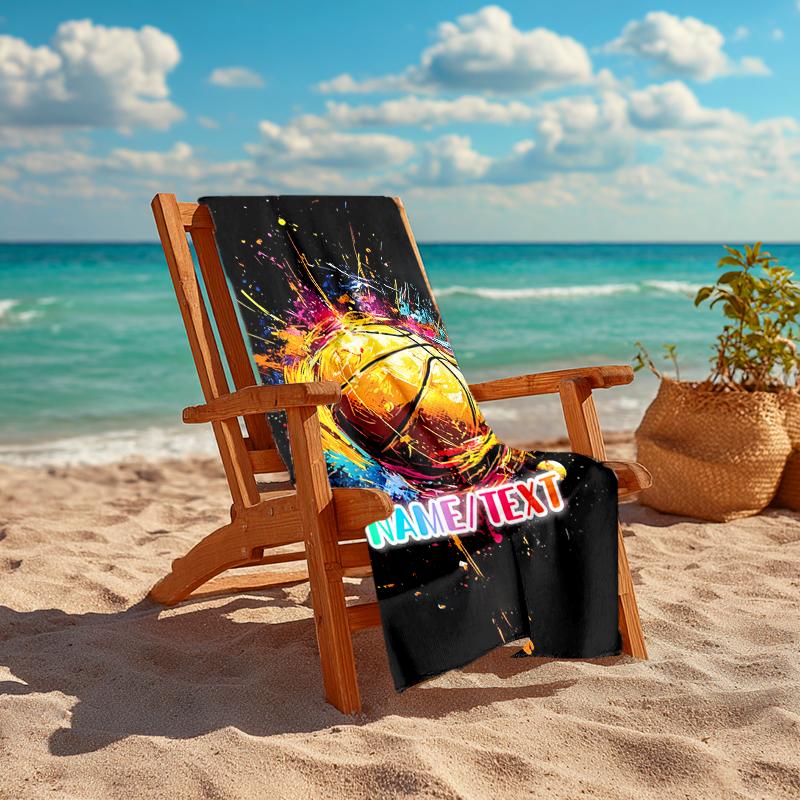 1PC Custom Name Colorful Basketball Artwork Beach Towel Highly Absorbent And Sand-Resistant Towel for Swimming, Pool, Yoga, And Travel Lightweight