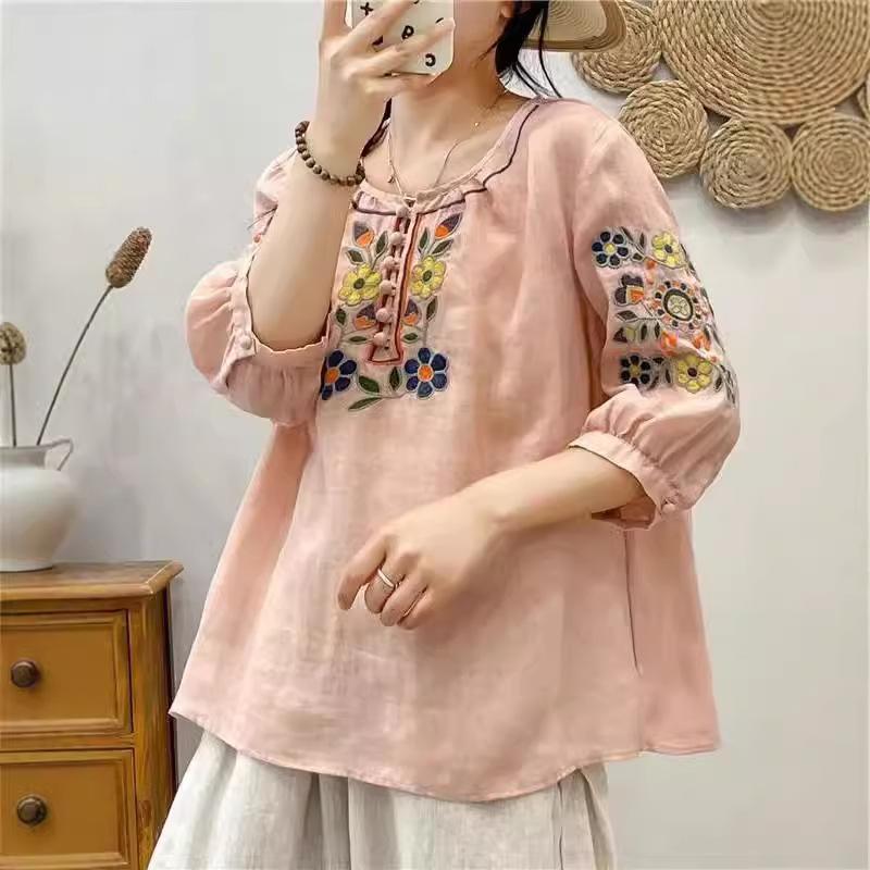 Large Size Embroidered National Style Summer Latest Style, Seven-quarter Sleeve Cotton Linen Retro Literary Baggy T-shirt Versatile Top
