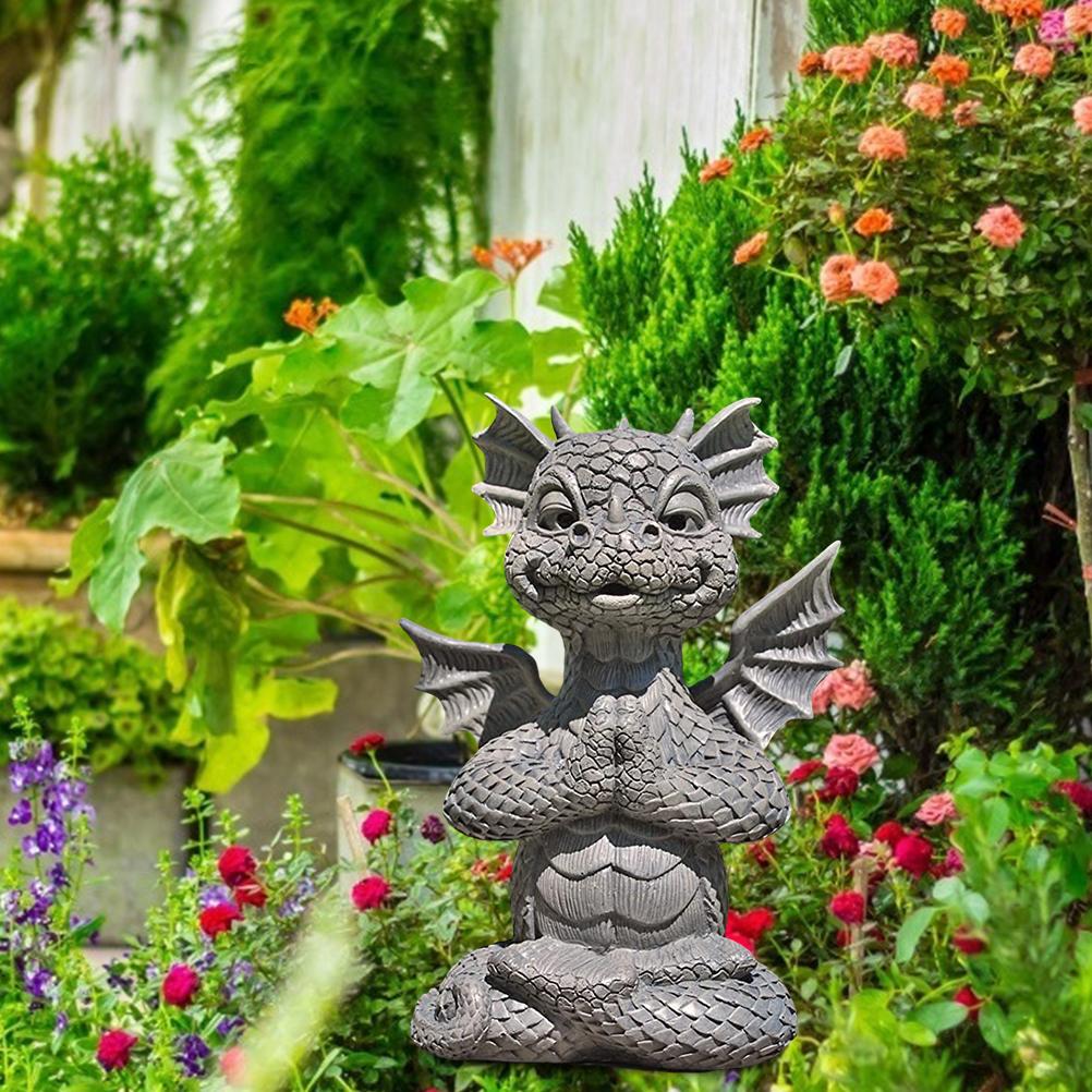 Cute Baby Dragon Statue Blinking Yoga Dragon Garden Ornament Gray Home Decor