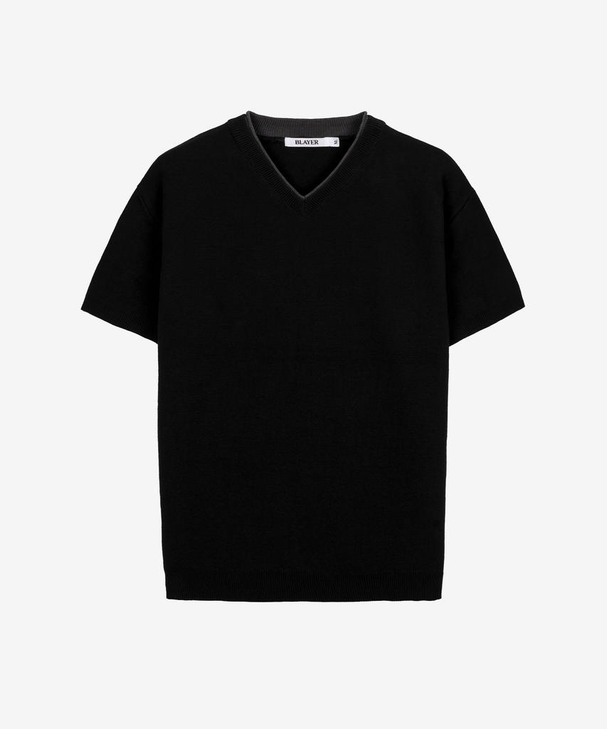 Beulleieo Core Cotton Layered V-Neck Half Knit [Black]