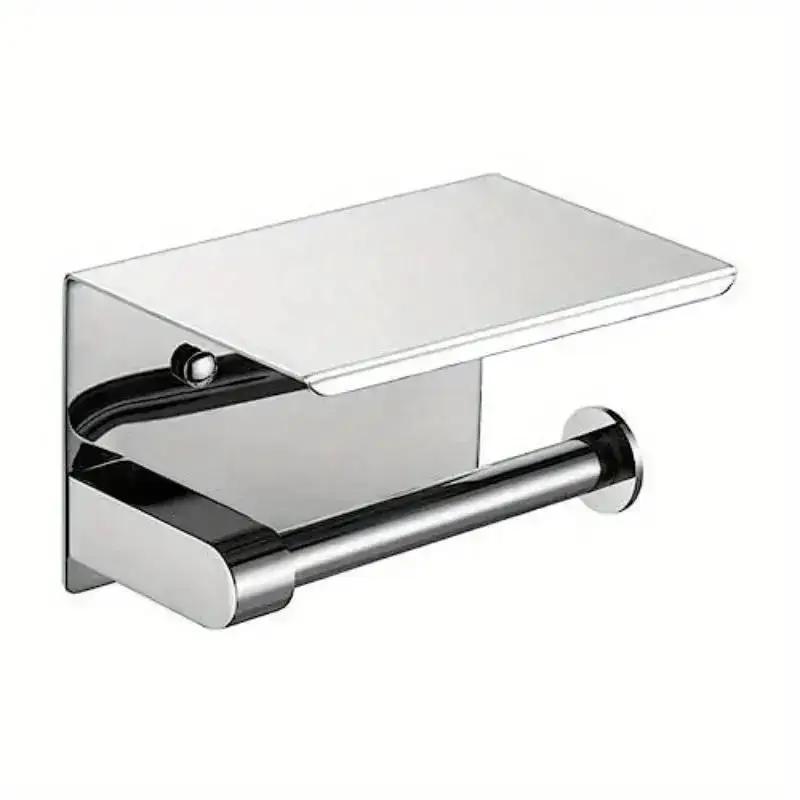Stainless Steel Toilet Paper Holder Phone Shelf Hotel Toilet Paper Holder Easy Installation Wall Mounted Bathroom Storage Rack
