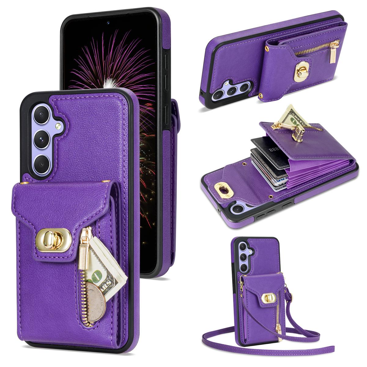 

For Samsung Galaxy S24 FE Case Leather+TPU Phone Cover with Card Bag,Shoulder Strap Purple