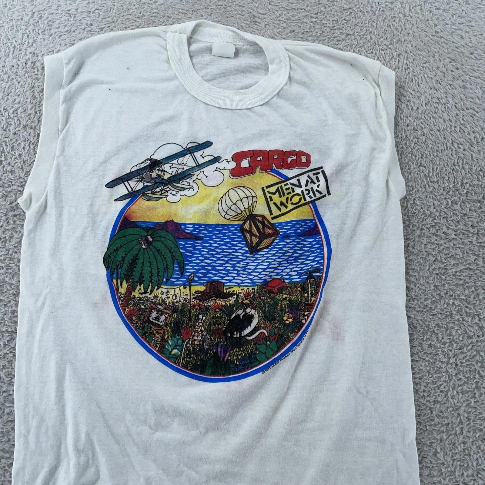 

Vintage Men At Work Muscle T-Shirt XS White Cargo North America 83 Tour Concert 3XL