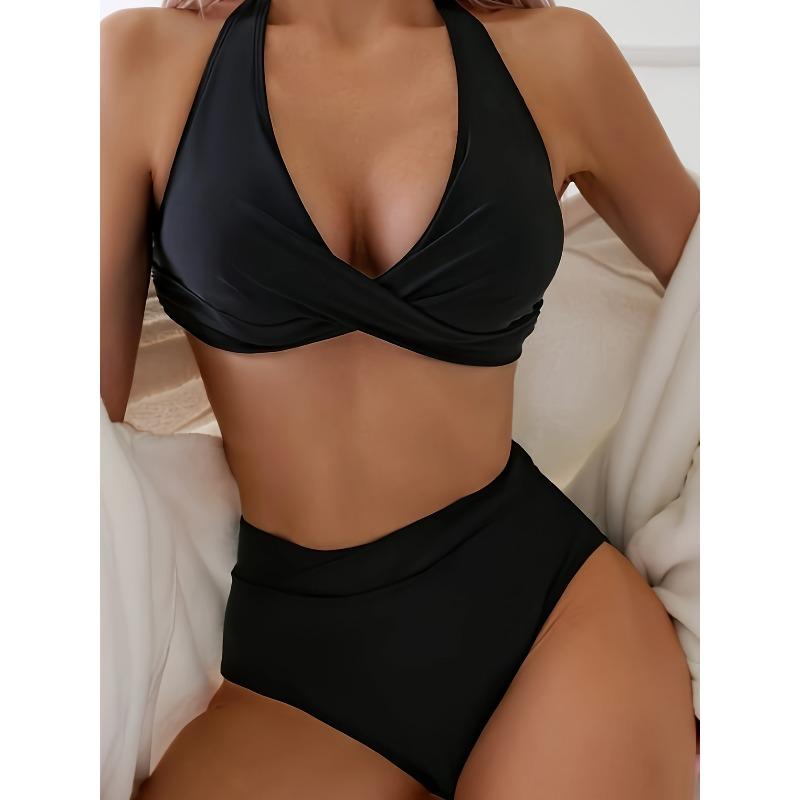 Women'S Bikini Set - Black V-Neck Swimsuit with Lace-Up Detail, High-Stretch Fabric, Perfect for Beach and Pool, Beach Swimsuit