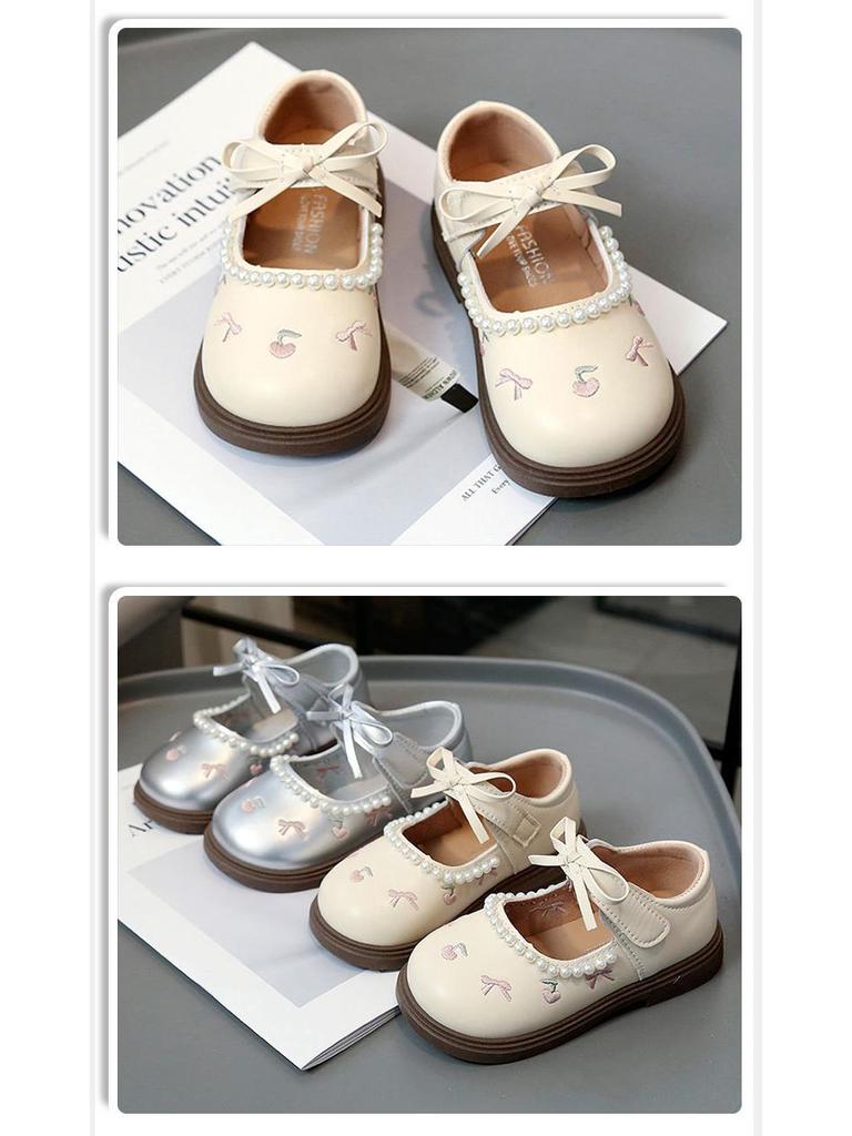 Cherry Leather Bowknot Princess Shoes for Girls - Soft Sole Pearl Trim Flats