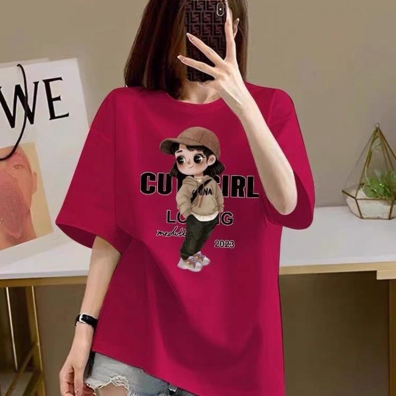 Red short sleeved t-shirt women's loose base shirt top