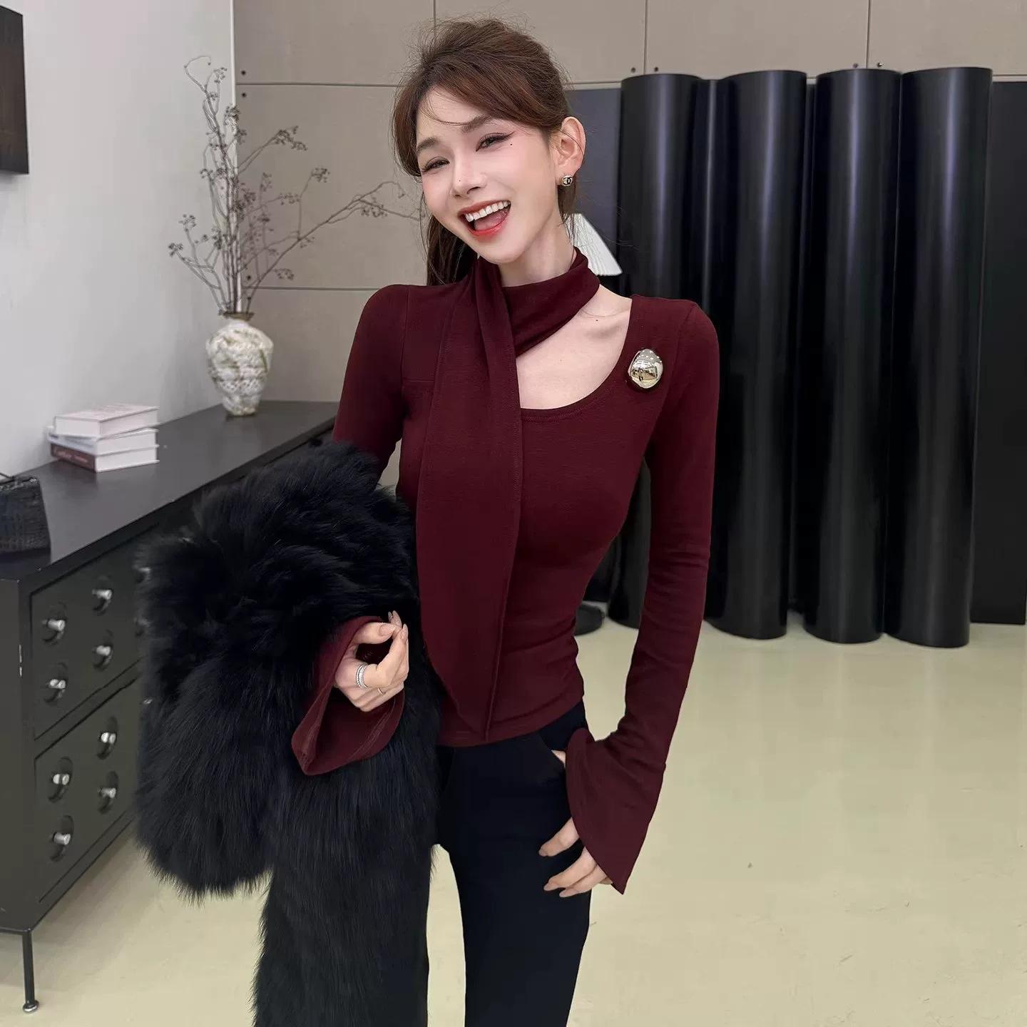 

Design-Sense Women s Slim-Fit Brushed Long-Sleeve Ribbon T-Shirt - 2025 Autumn/Winter L [115-130 lbs] красный