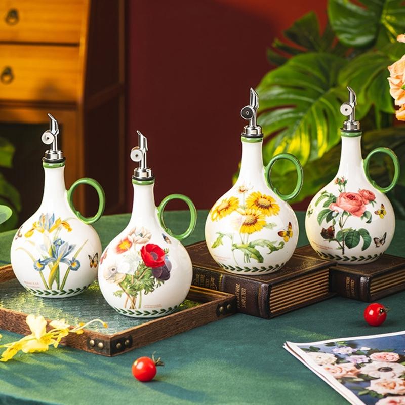 Ceramic Kitchen Oil Bottle with Easy Grip and Metal Pour Lid, Counter Dispenser for Everyday Home Cooking and Display