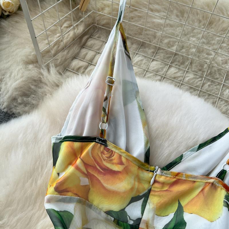 Νέο Γλυκό Φόρεμα Παραλίας με Λεπτές Τιράντες, Μακρύ, Γυναικείο, Αμάνικο, με V Λαιμόκοψη, Σχέδιο με Φερμουάρ, Α γραμμή, Κορεάτικο Σιφόν, Φλοράλ Μοτίβο, Ρούχο Διακοπών