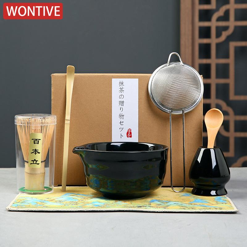 7pcs Traditional Bamboo Ceramic Japanese Matcha Tea Set with Spout Reusable Matcha Whisk Set Food Grade Safe Match Bowl Stirring