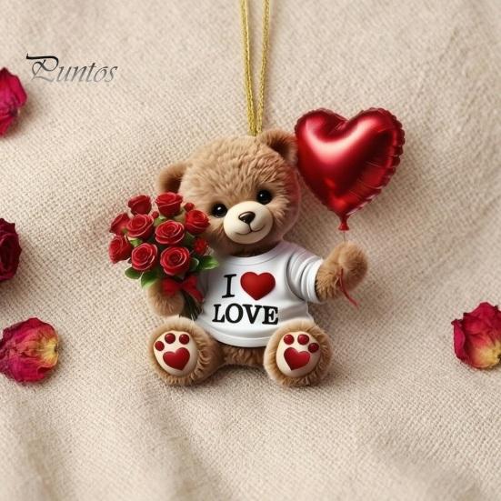 Vielseitiges Innenraum-Deko-Teddybär-Hängeornament, Mit Herzballon, Rote Rosenstrauß-Dekoration, Kleines romantisches Andenken für Auto-Rückspiegel